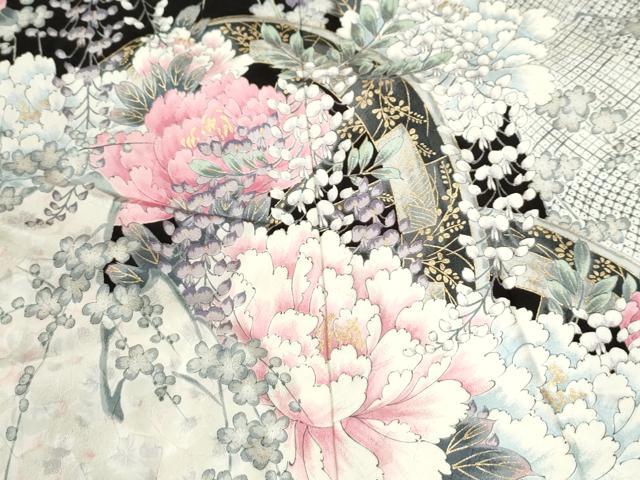 平和屋着物●豪華振袖　源氏車牡丹花文　黒地　金彩　正絹　逸品　CABI3594yc