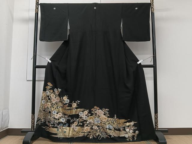 平和屋着物■豪華黒留袖　駒刺繍　草花文　金彩　正絹　逸品　CABI3642xi