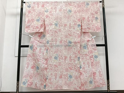平和屋着物＊夏物　本場小千谷縮　格子花蝶文　麻　逸品　未使用　CABI3652xi