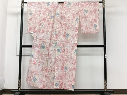 平和屋着物＊夏物　本場小千谷縮　格子花蝶文　麻　逸品　未使用　CABI3652xi