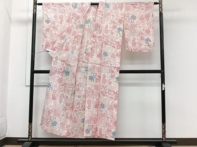 平和屋着物＊夏物　本場小千谷縮　格子花蝶文　麻　逸品　未使用　CABI3652xi
