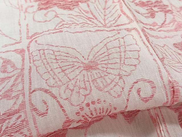 平和屋着物＊夏物　本場小千谷縮　格子花蝶文　麻　逸品　未使用　CABI3652xi