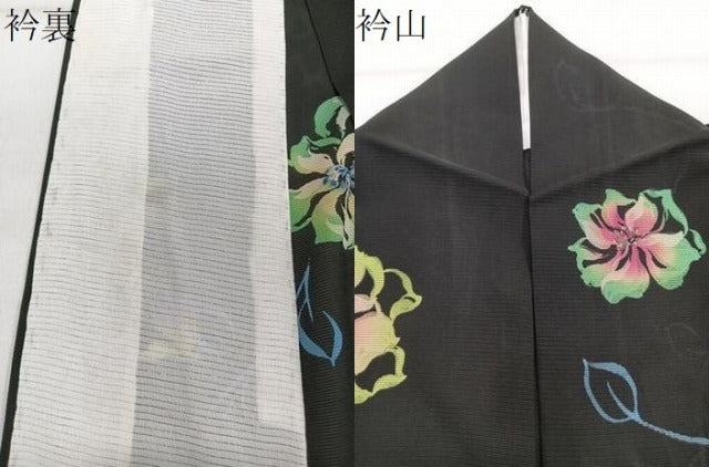 平和屋着物＊夏物 訪問着 ろうけつ染め 草花文 黒地 正絹 逸品 CABI3660xi