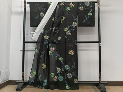 平和屋着物＊夏物 訪問着 ろうけつ染め 草花文 黒地 正絹 逸品 CABI3660xi