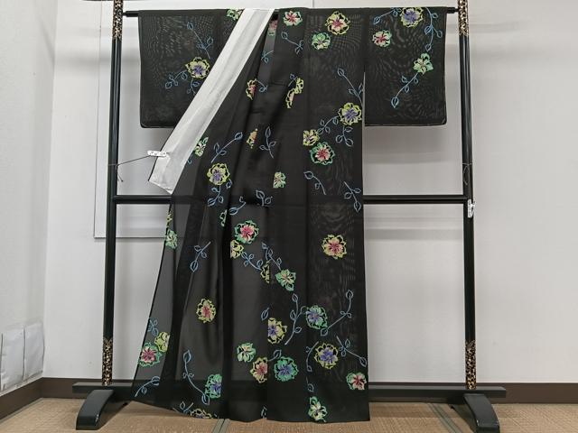 平和屋着物＊夏物 訪問着 ろうけつ染め 草花文 黒地 正絹 逸品 CABI3660xi