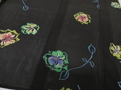 平和屋着物＊夏物 訪問着 ろうけつ染め 草花文 黒地 正絹 逸品 CABI3660xi
