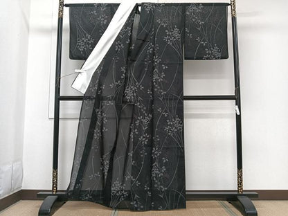 平和屋着物＊夏物　小紋　紗　枝草花文　黒地　洗える着物　CABI3699xi