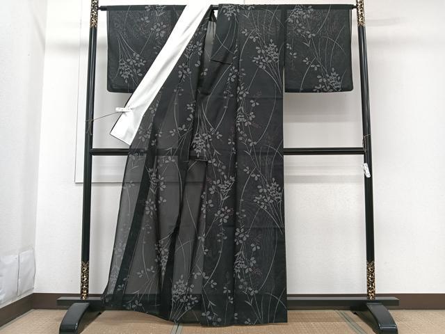 平和屋着物＊夏物　小紋　紗　枝草花文　黒地　洗える着物　CABI3699xi