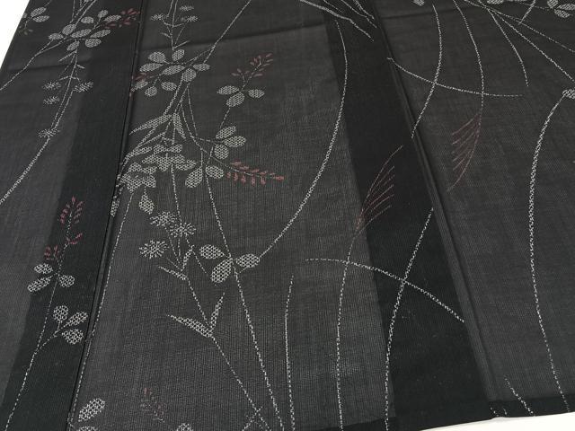 平和屋着物＊夏物　小紋　紗　枝草花文　黒地　洗える着物　CABI3699xi