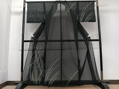 平和屋着物＊夏物　訪問着　絽　枝花文　黒地　洗える着物　CABI3700xi