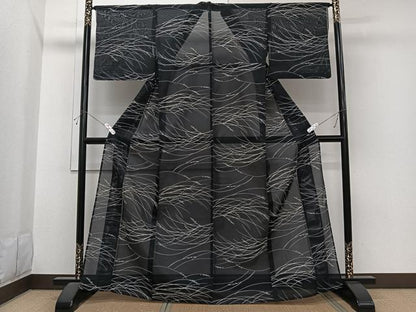 平和屋着物＊夏物　小紋　絽　芝花文　黒地　洗える着物　CABI3708xi