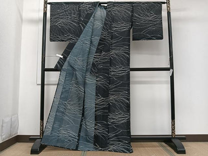 平和屋着物＊夏物　小紋　絽　芝花文　黒地　洗える着物　CABI3708xi