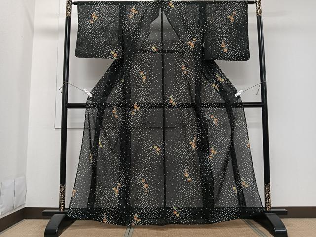 平和屋着物＊夏物　小紋　絽　草花文　黒地　洗える着物　未使用　CABI3711xi