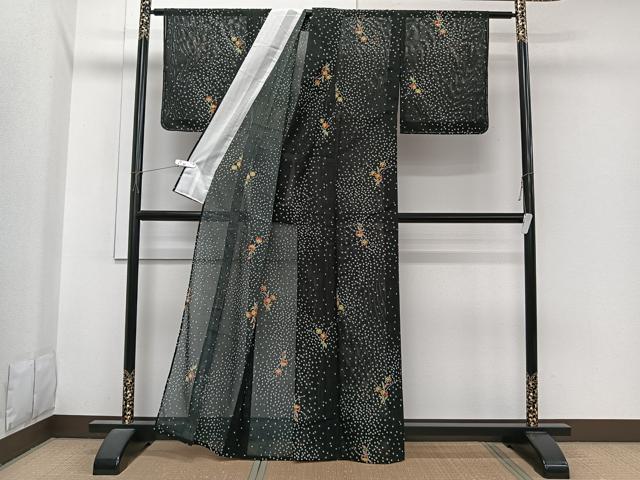 平和屋着物＊夏物　小紋　絽　草花文　黒地　洗える着物　未使用　CABI3711xi