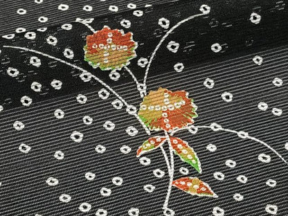 平和屋着物＊夏物　小紋　絽　草花文　黒地　洗える着物　未使用　CABI3711xi