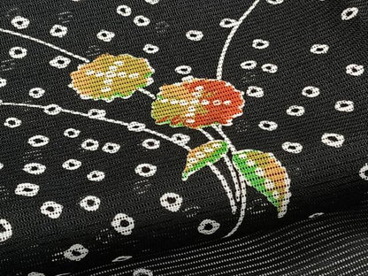 平和屋着物＊夏物　小紋　絽　草花文　黒地　洗える着物　未使用　CABI3711xi