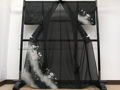 平和屋着物＊夏物　訪問着　絽　草花文　黒地　洗える着物　CABI3715xi