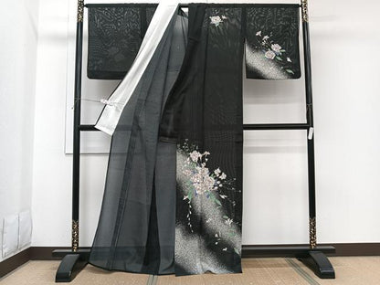 平和屋着物＊夏物　訪問着　絽　草花文　黒地　洗える着物　CABI3715xi