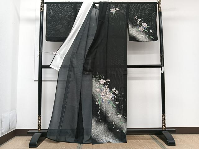 平和屋着物＊夏物　訪問着　絽　草花文　黒地　洗える着物　CABI3715xi