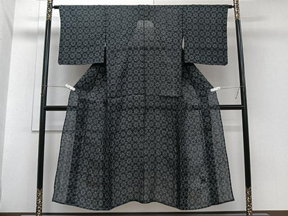 平和屋着物＊夏物　重要無形文化財　本場宮古上布　小紋　幾何学文様　黒地　苧麻　逸品　CABI3729xi