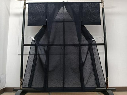 平和屋着物＊夏物　色無地　草花紋紗　紫黒色　正絹　逸品　CABI3733xi