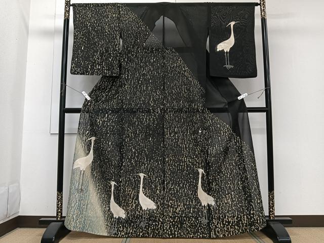 平和屋着物＊夏物　訪問着　絽　白鷺　黒地　正絹　逸品　CABI3747xi