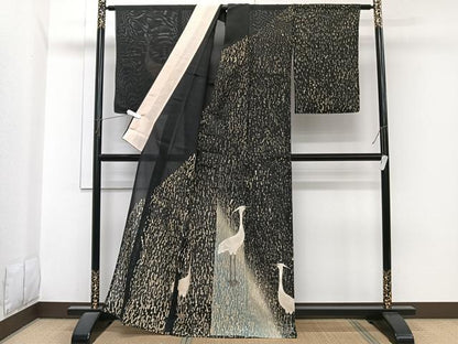 平和屋着物＊夏物　訪問着　絽　白鷺　黒地　正絹　逸品　CABI3747xi