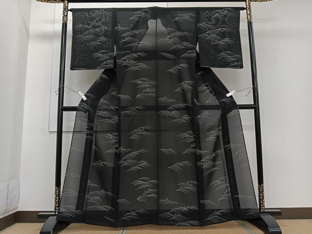 平和屋着物＊夏物　小紋　絽　立波文　黒地　正絹　逸品　CABI3748xi