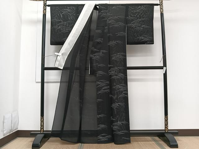 平和屋着物＊夏物　小紋　絽　立波文　黒地　正絹　逸品　CABI3748xi