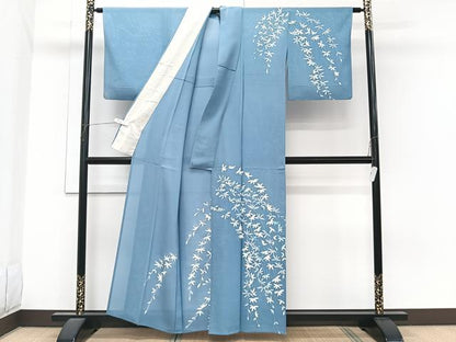 平和屋着物＊夏物　訪問着　絽　ろうけつ染め　枝垂れ葉文　銀彩　正絹　逸品　CABI3767xi