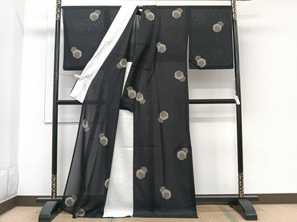 平和屋着物＊夏物　小紋　紗　雪輪重ね文　黒地　正絹　逸品　CABI3771xi