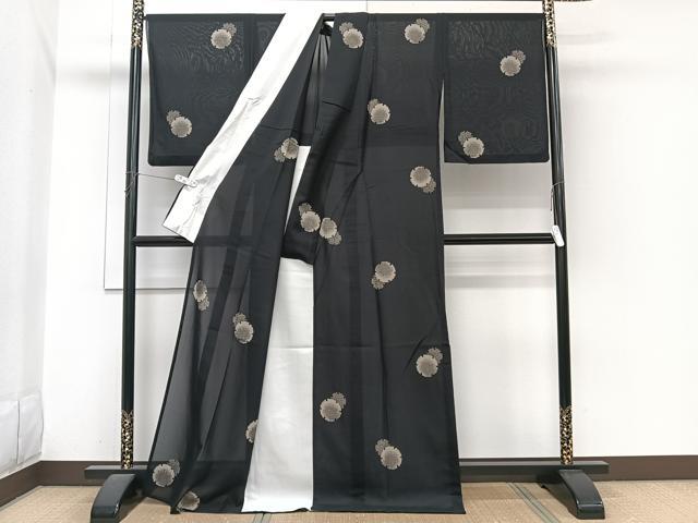平和屋着物＊夏物　小紋　紗　雪輪重ね文　黒地　正絹　逸品　CABI3771xi