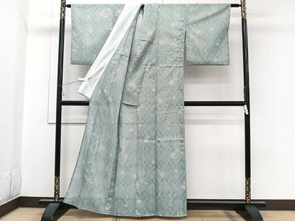 平和屋着物＊夏物　小紋　絽　草花文　洗える着物　CABI3775xi