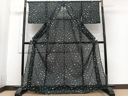 平和屋着物＊夏物　小紋　絽　舞蝶文　黒地　洗える着物　CABI3776xi