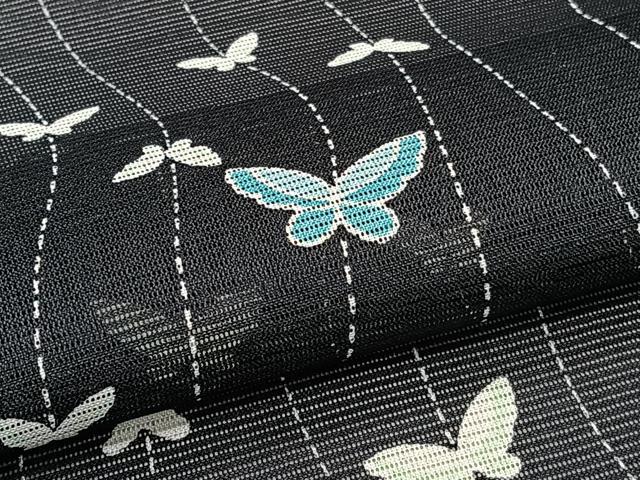 平和屋着物＊夏物　小紋　絽　舞蝶文　黒地　洗える着物　CABI3776xi