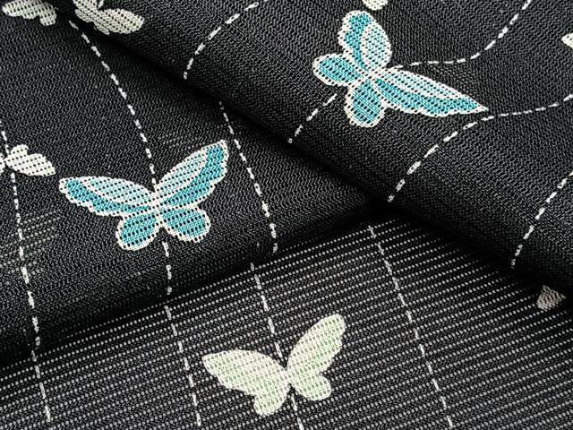 平和屋着物＊夏物　小紋　絽　舞蝶文　黒地　洗える着物　CABI3776xi