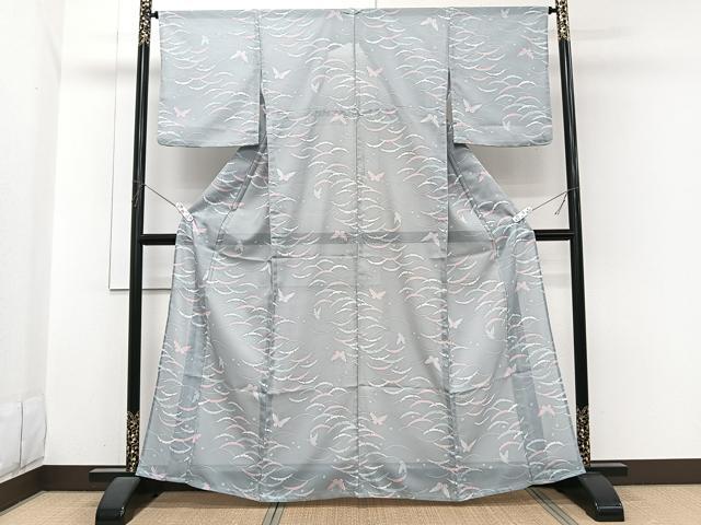 平和屋着物＊夏物　小紋　絽　芝舞蝶文　洗える着物　CABI3778xi