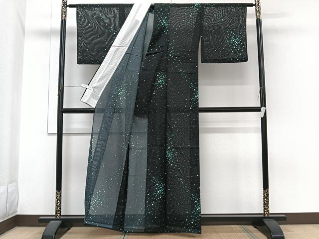 平和屋着物＊夏物　小紋　絽　箔散らし柄　黒地　洗える着物　CABI3780xi