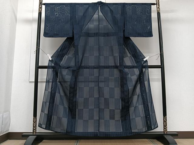 平和屋着物＊夏物　小紋　市松紋紗　縞　正絹　逸品　CABI3783xi