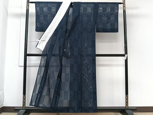 平和屋着物＊夏物　小紋　市松紋紗　縞　正絹　逸品　CABI3783xi
