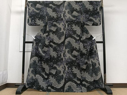 平和屋着物＊夏物　撫松庵　小紋・浴衣兼用　セオアルファ　富士山　立波花文　黒地　洗える着物　CABI3784xi