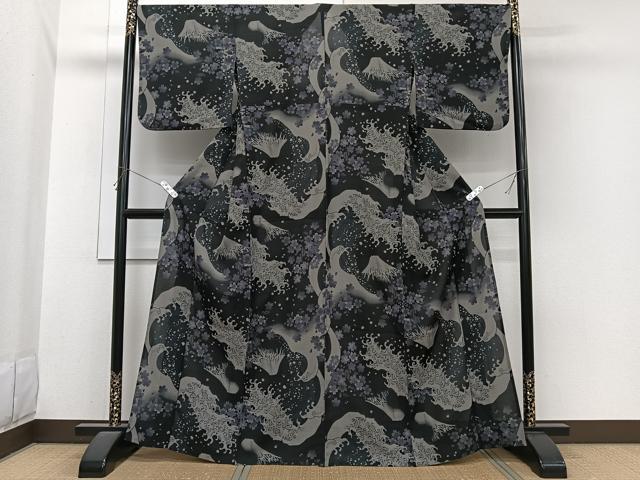 平和屋着物＊夏物　撫松庵　小紋・浴衣兼用　セオアルファ　富士山　立波花文　黒地　洗える着物　CABI3784xi