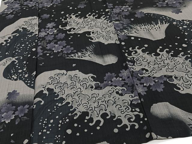 平和屋着物＊夏物　撫松庵　小紋・浴衣兼用　セオアルファ　富士山　立波花文　黒地　洗える着物　CABI3784xi