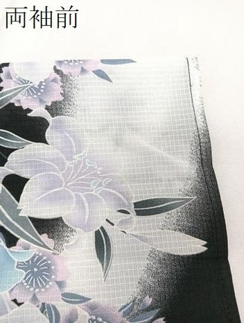 平和屋着物＊夏物　小紋　紅梅織　草花文　黒地　銀糸　洗える着物　CABI3810xi