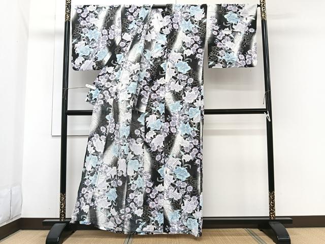 平和屋着物＊夏物　小紋　紅梅織　草花文　黒地　銀糸　洗える着物　CABI3810xi