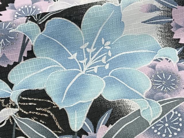 平和屋着物＊夏物　小紋　紅梅織　草花文　黒地　銀糸　洗える着物　CABI3810xi