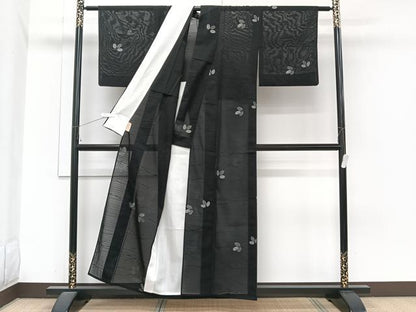 平和屋着物＊夏物　小紋　絽　萩花　黒地　正絹　逸品　CABI3820xi