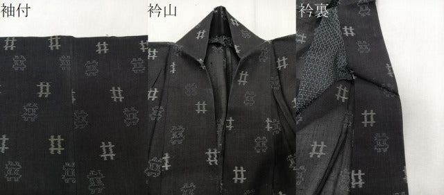 平和屋着物＊夏物　小紋　紗紬　井桁絣　黒地　正絹　逸品　CABI3842xi