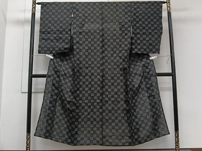 平和屋着物＊夏物　上布　市松文　黒地　麻　逸品　CABI3845xi