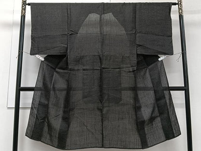 平和屋着物＊夏物　男性　上布　亀甲文様　黒地　麻　逸品　CABI3846xi